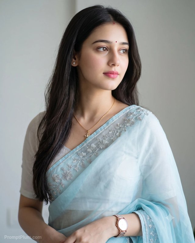 Elegant South Asian Woman in a Light Blue Saree | Studio Portrait | Gemini AI