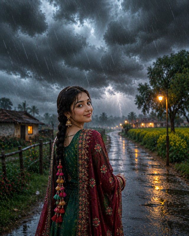 Cinematic Monsoon Punjabi Girl – Rainy Village Portrait — punjabi AI prompt