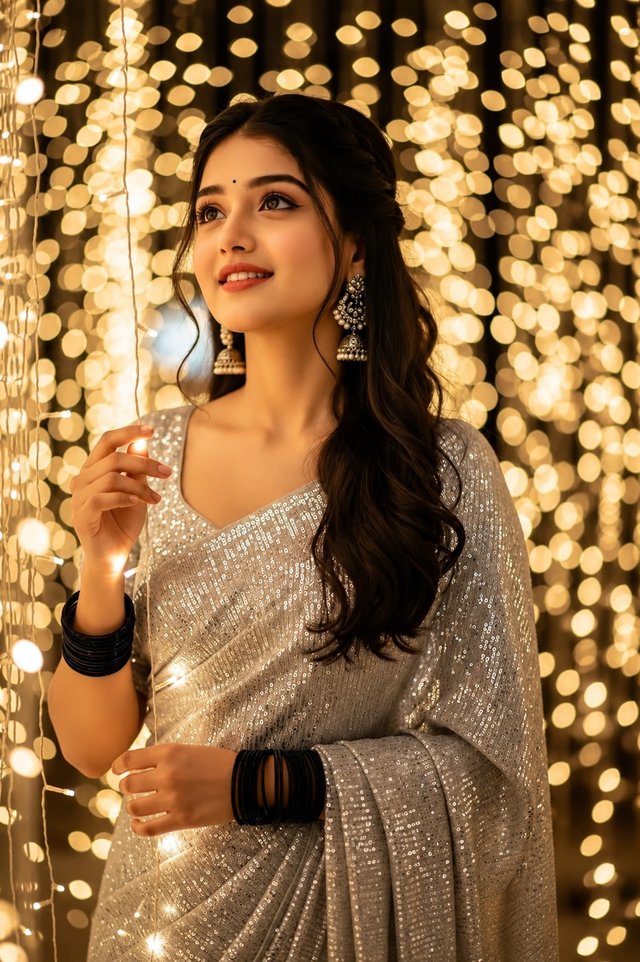 Golden Fairy Lights Saree Girl – Ultra Realistic Festive Portrait AI Prompt
