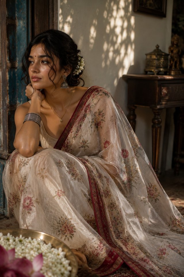 Elegant Floral Saree Portrait | Ultra Realistic Indian Heritage Fashion Prompt — indian-saree AI prompt