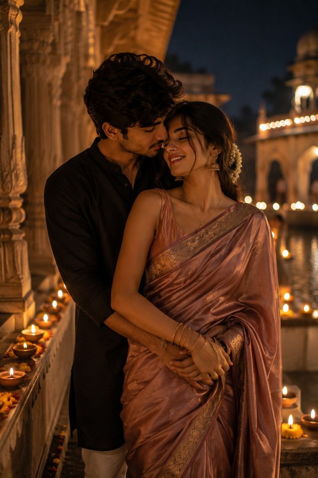 Royal Saree Couple Pose Prompt | Romantic Temple Night Portrait | Ultra Realistic 8K AI Image — romantic-couple AI prompt