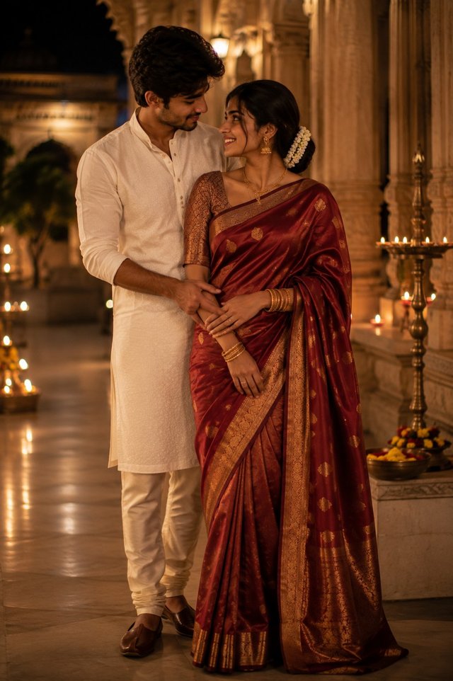 Elegant Standing Saree Couple Prompt | Royal Indian Temple Romance | Ultra Realistic 8K AI Photo — romantic-couple AI prompt