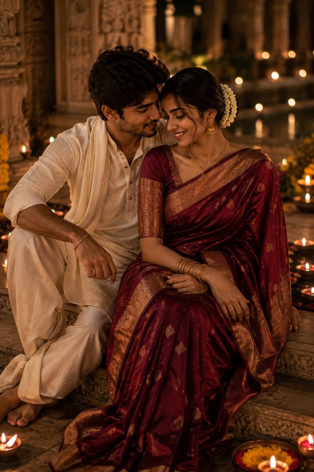 Romantic Sitting Saree Couple Prompt | Royal Temple Steps Portrait — romantic-couple AI prompt