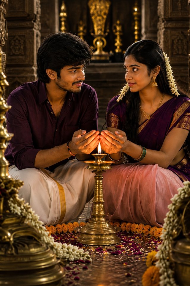 Temple Diya Couple Prompt | Romantic South Indian Prayer Portrait | Ultra Realistic 8K AI Image — temple-couple AI prompt