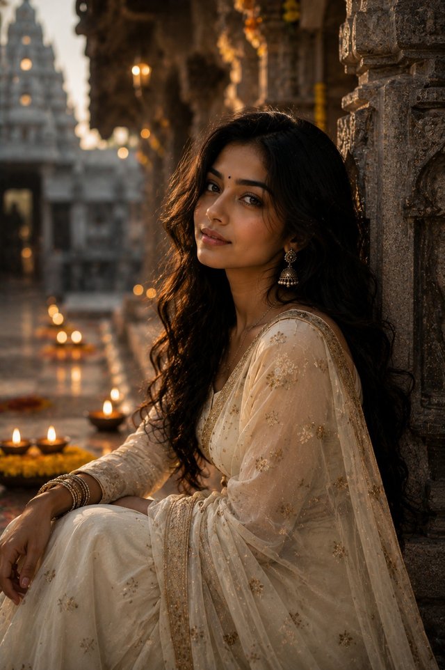 Temple Golden Hour Portrait | Traditional Indian Cinematic AI Prompt