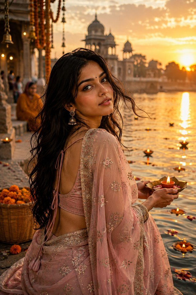 Sacred Ghat Sunset Portrait | Cinematic Spiritual AI Photo Prompt — chatgpt AI prompt