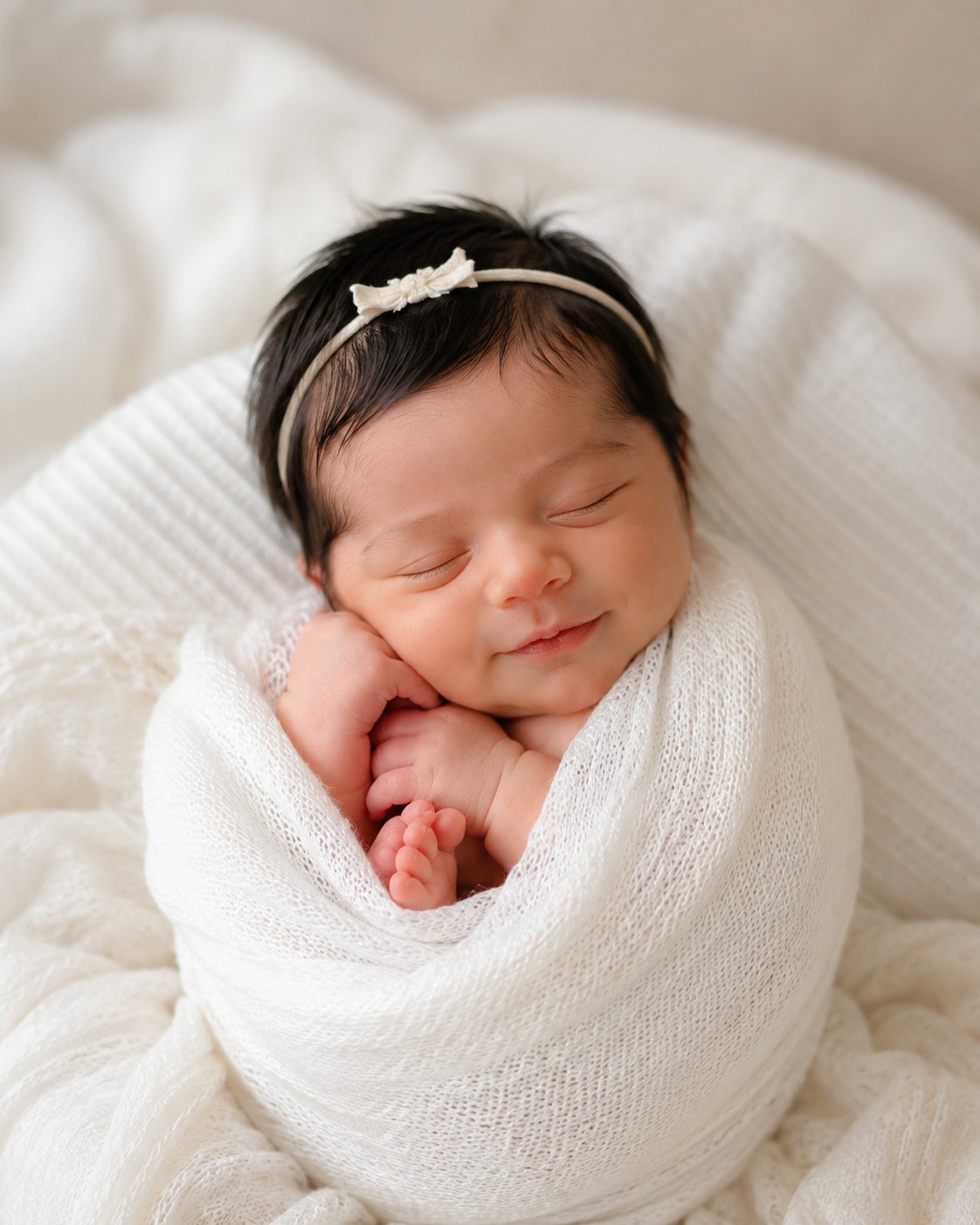 Minimalist Wrapped Newborn Baby Portrait – Ultra Realistic Soft Studio Photography