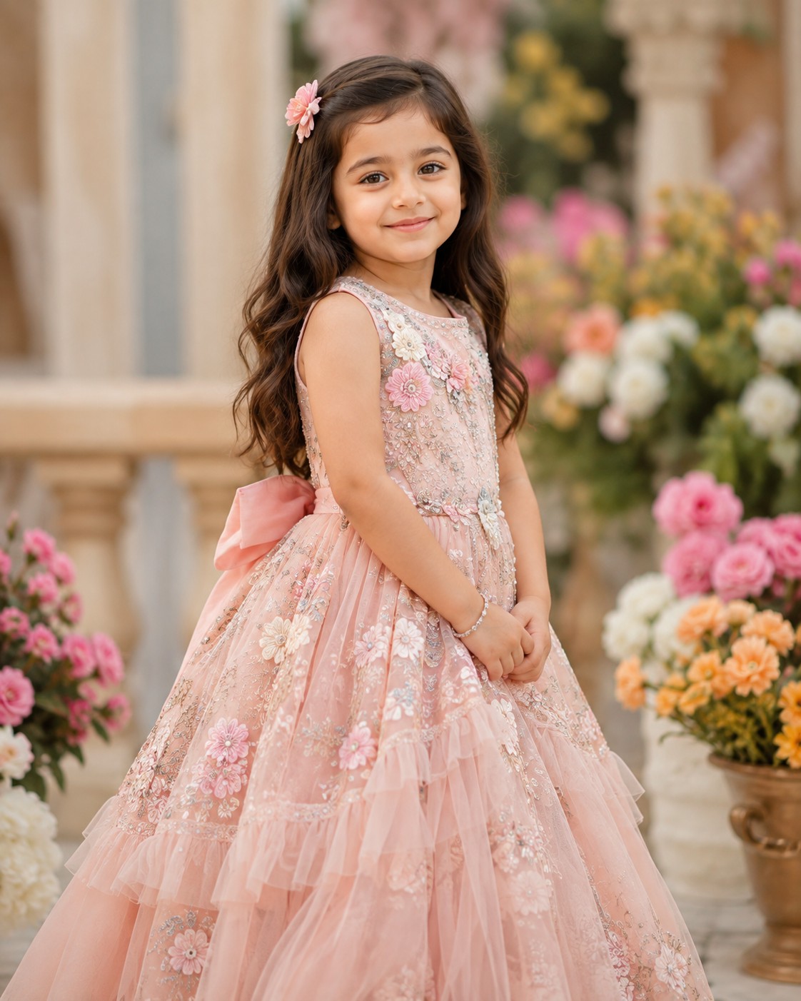 Elegant 5-Year-Old Princess Girl Portrait – Luxury Floral Dress Photography Prompt