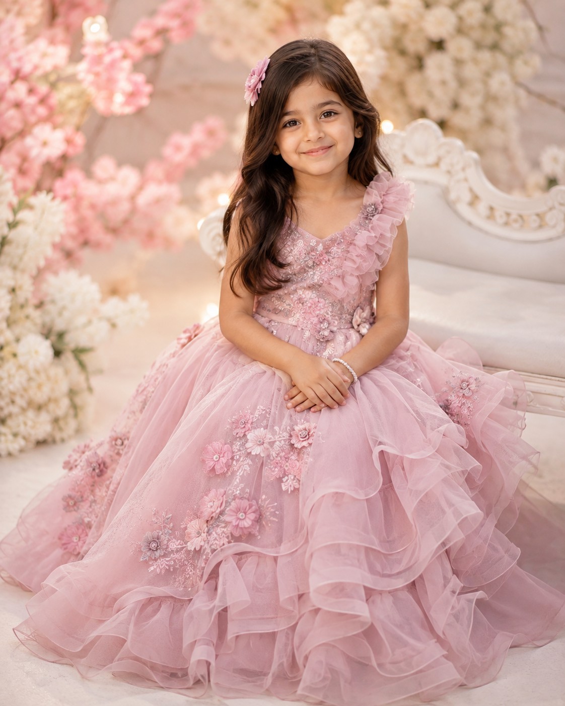 Royal Princess Girl in Luxury Pink Ball Gown – Ultra Realistic Fairytale Portrait Prompt