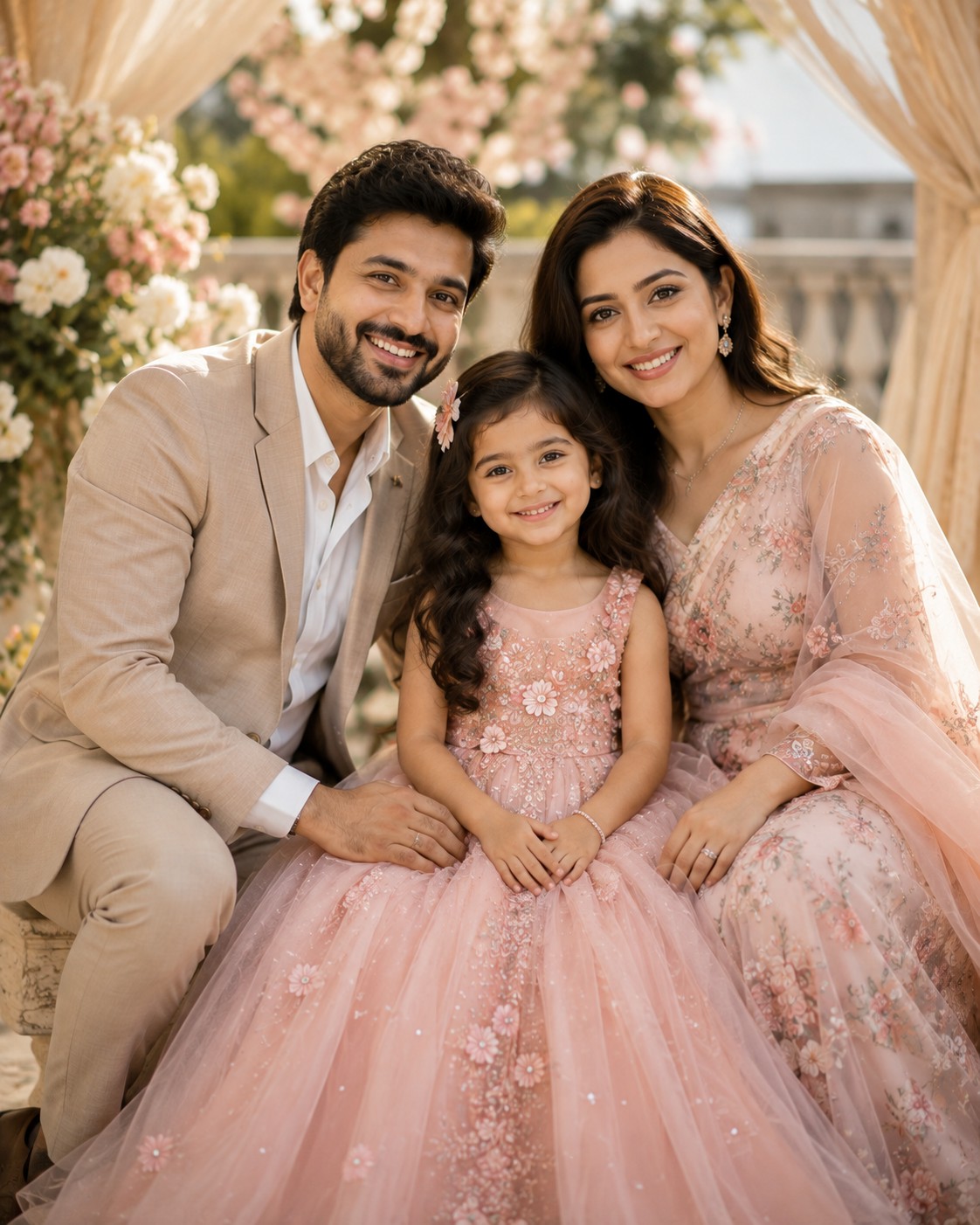 Elegant Pastel Family Portrait with 5-Year-Old Princess Girl – Luxury Garden Photography Prompt