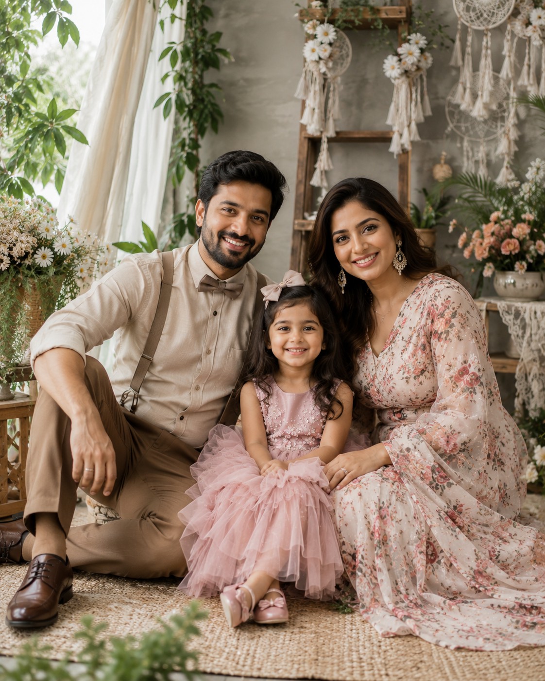 Boho Chic Family Portrait with 5-Year-Old Princess Girl – Cozy Luxury Studio Photography Prompt