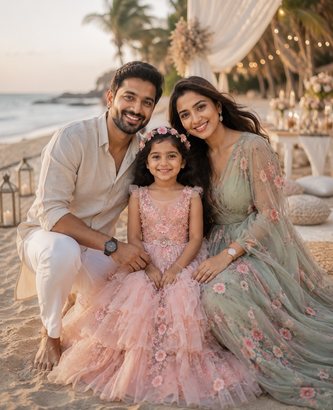 Dreamy Beach Sunset Family Portrait with 5-Year-Old Princess Girl – Ultra Realistic Photography Prompt
