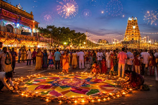 Vibrant Festival Celebration with Fireworks, Rangoli & Temple Lights | AI Image Prompt — festival AI prompt