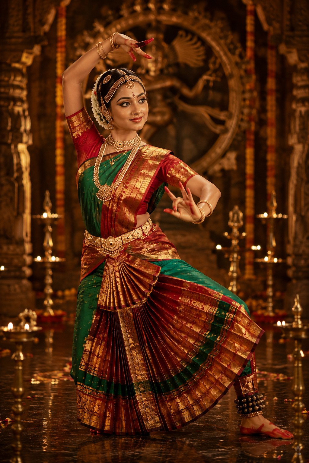 Elegant Bharatanatyam Dance Pose in Ancient Temple – Ultra Realistic 8K Photography Prompt