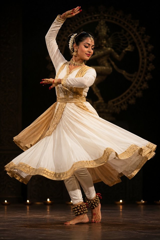 Elegant Kathak Dancer on a Classical Indian Stage