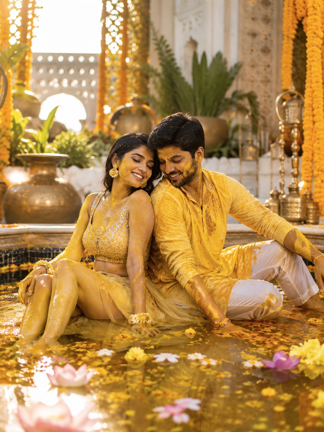 Luxury Haldi Ceremony Pool Portrait | Cinematic Sitting Couple Photoshoot