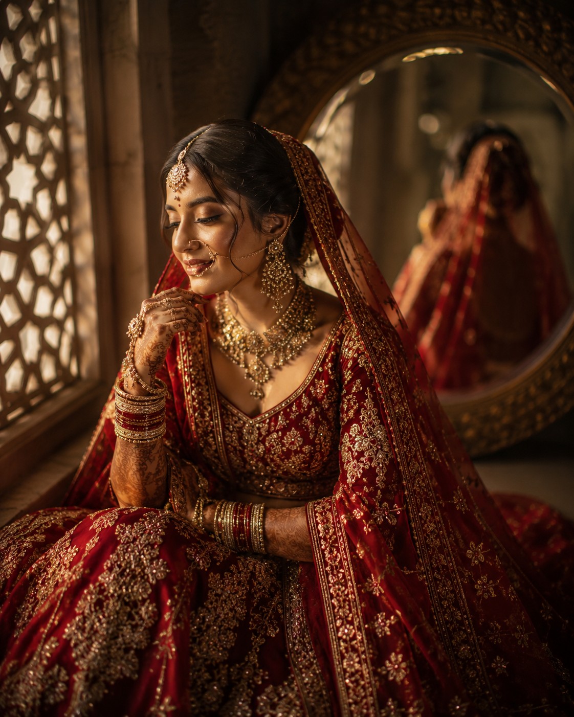 Golden Mirror Bridal Portrait | Luxury Indian Editorial Wedding Photography