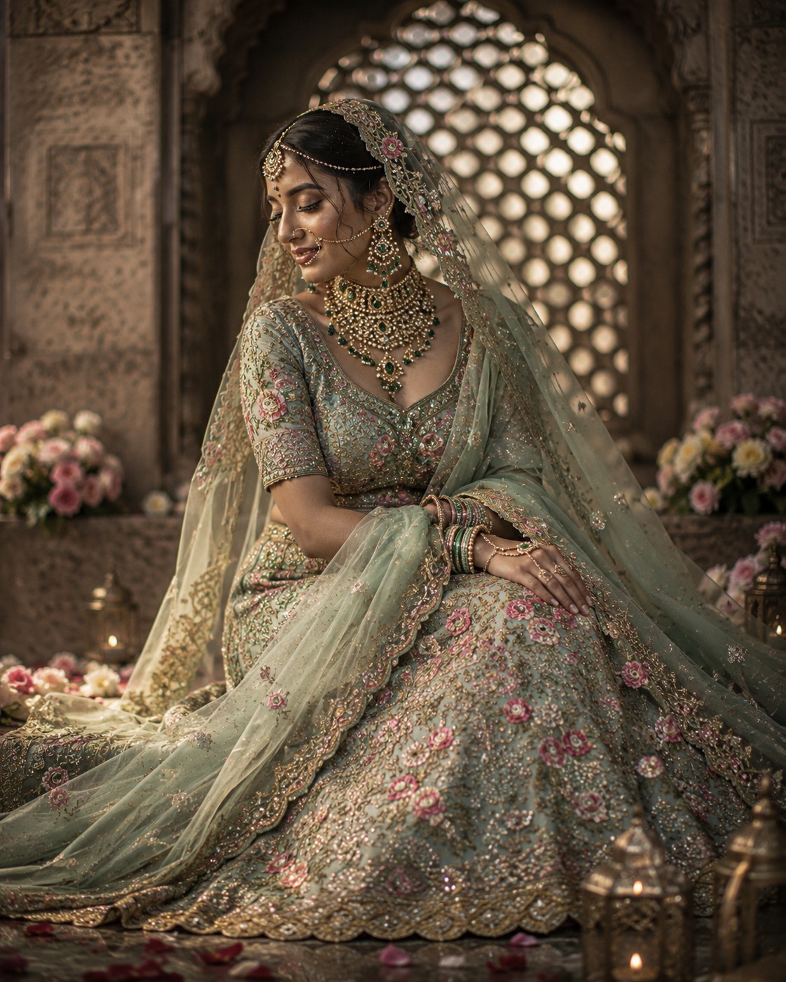 Pastel Sage Green Bridal Portrait | Luxury Editorial Indian Wedding Photography