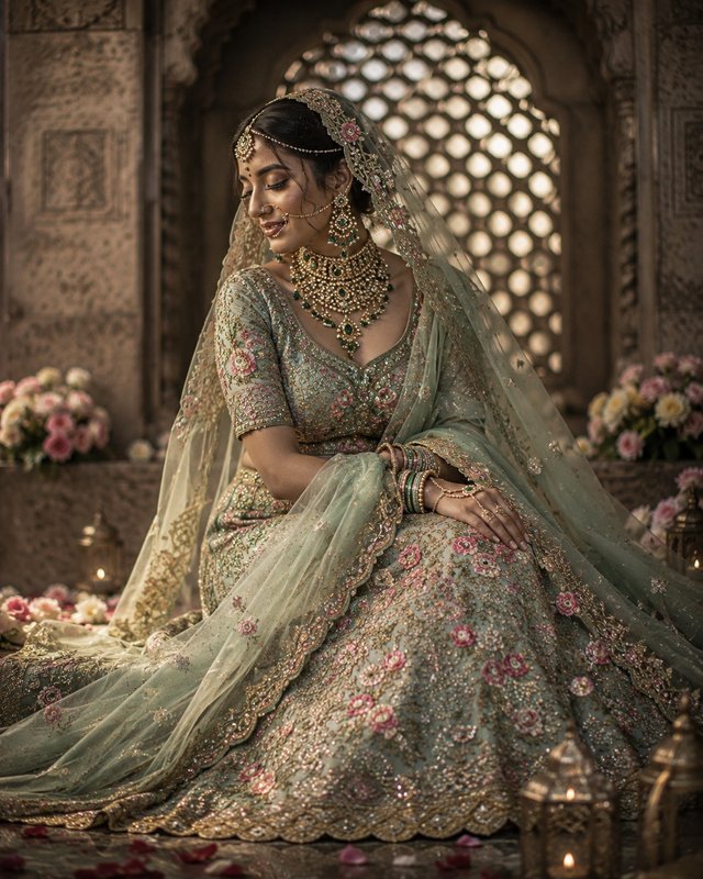Pastel Sage Green Bridal Portrait | Luxury Editorial Indian Wedding Photography — bridal-portrait AI prompt