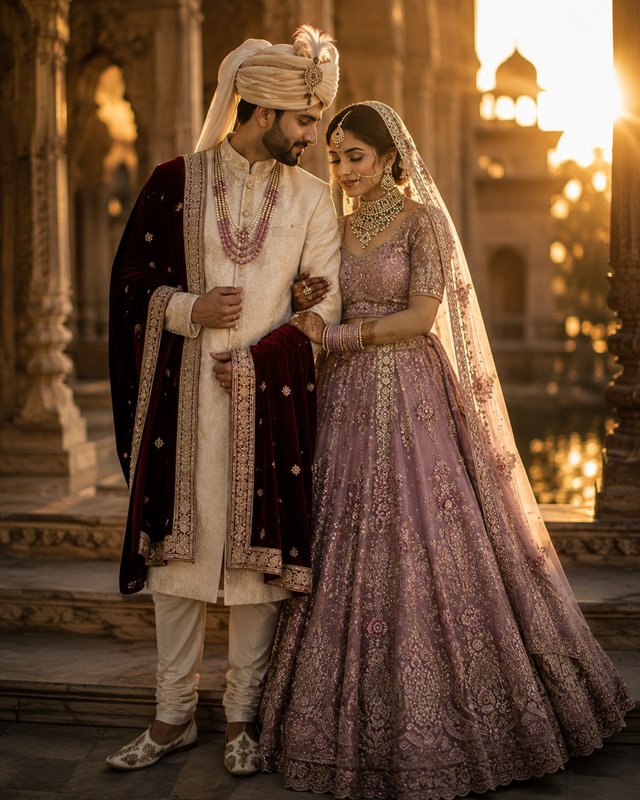 Royal Lavender & Ivory Wedding Couple Portrait | Luxury Editorial Photography — wedding-couple AI prompt