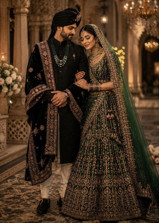 Midnight Emerald Wedding Portrait | Luxury Black Sherwani & Green Bridal Couture — wedding-couple AI prompt