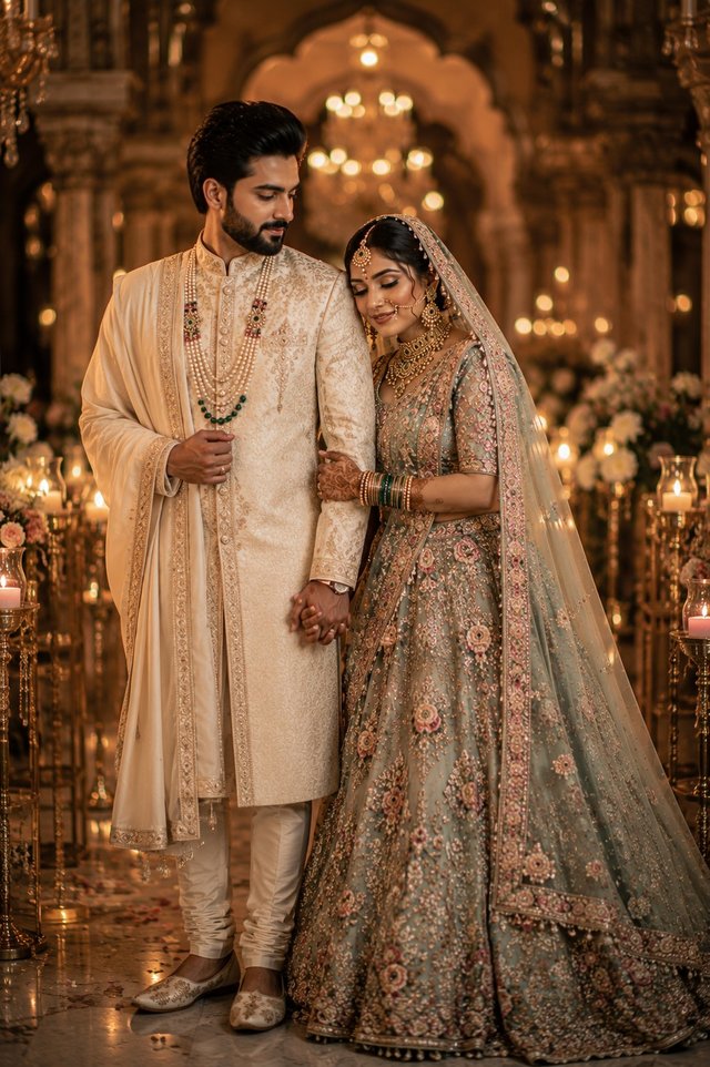Royal Black & Sage Wedding Portrait | Luxury Editorial Couple Photography — wedding-couple AI prompt