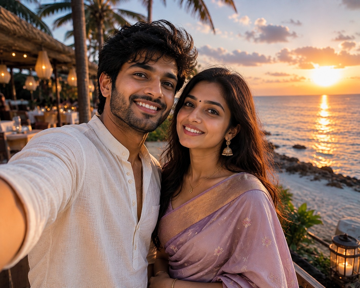 Lavender Saree Honeymoon Selfie by the Sea 🌅💜