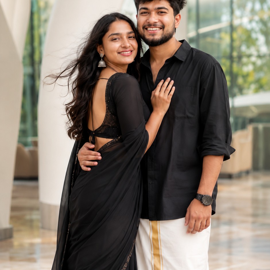 Cinematic Black Saree Couple Pre-Wedding Portrait
