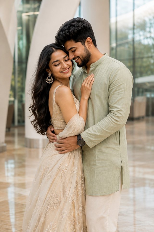 Elegant Ivory Lehenga Couple Pre-Wedding Portrait — chatgpt AI prompt