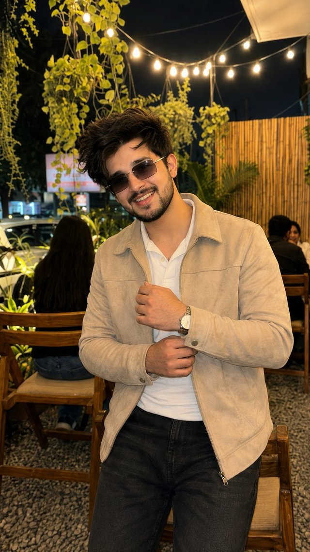 Realistic Stylish Man at Night Café | AI Portrait Photo Prompt