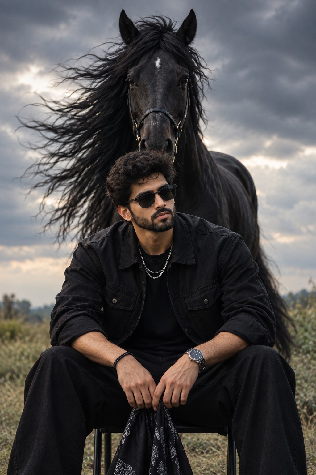 Cinematic Black Horse Man Portrait – 8K AI Photo
