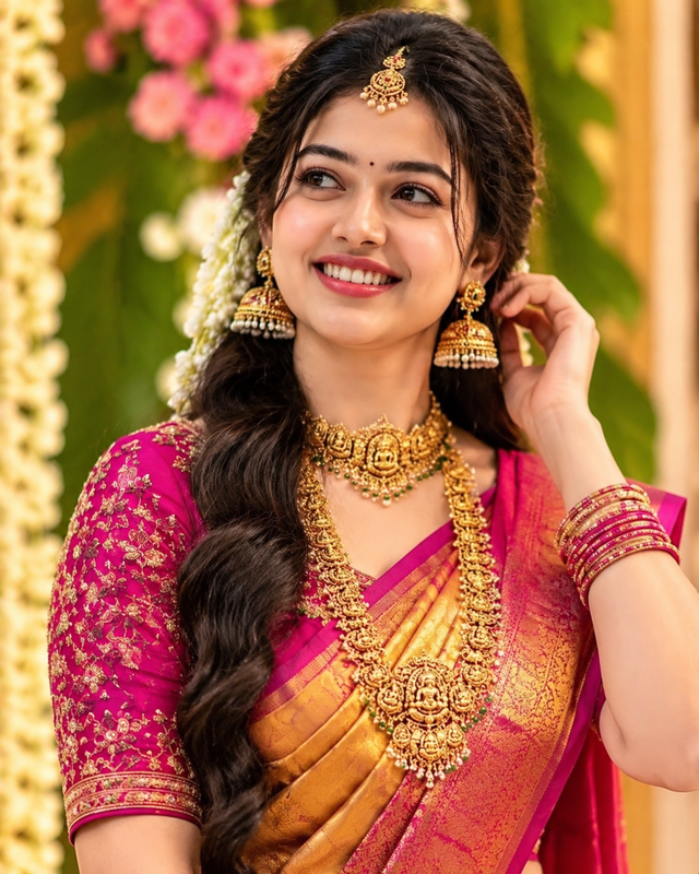 Ultra-Realistic South Indian Bridal Portrait AI Prompt – Golden Saree