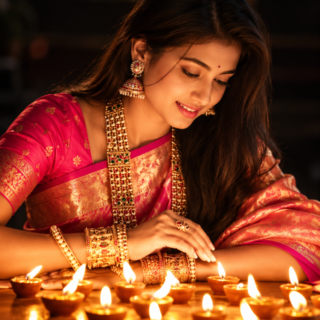 Cinematic Diwali Portrait AI Prompt with Glowing Diyas