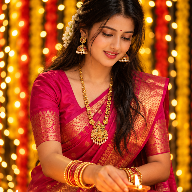 Cinematic Diwali Portrait AI Prompt – Magenta Saree
