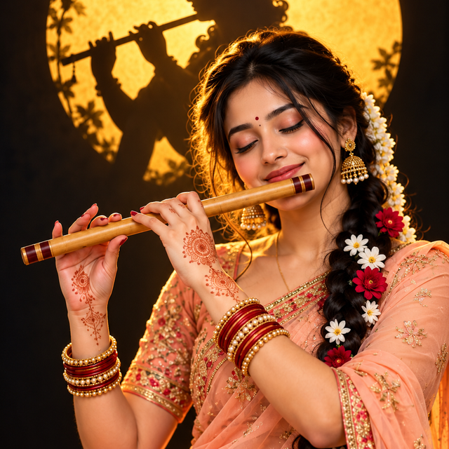 Krishna Inspired Flute Portrait AI Prompt – Golden Moon