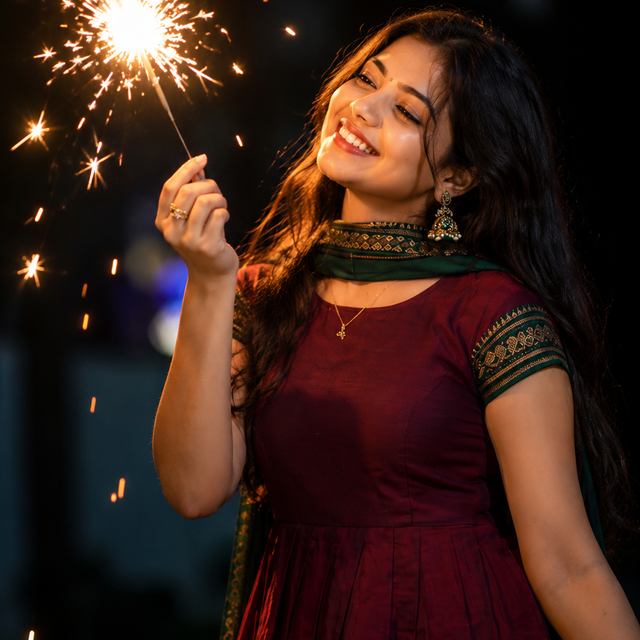 Cinematic Sparkler Portrait AI Prompt – Maroon Dress