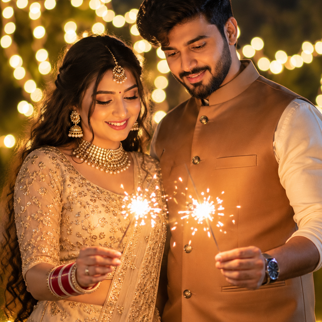 Cinematic Indian Couple Sparkler Portrait AI Prompt