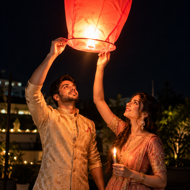Romantic Sky Lantern Couple Portrait – Cinematic AI Photography
