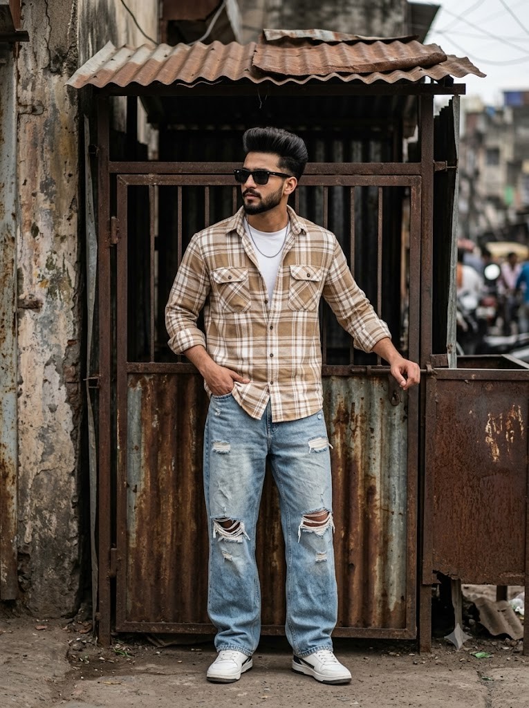 Gritty Urban Streetwear Portrait | Flannel & Baggy Denim Outfit
