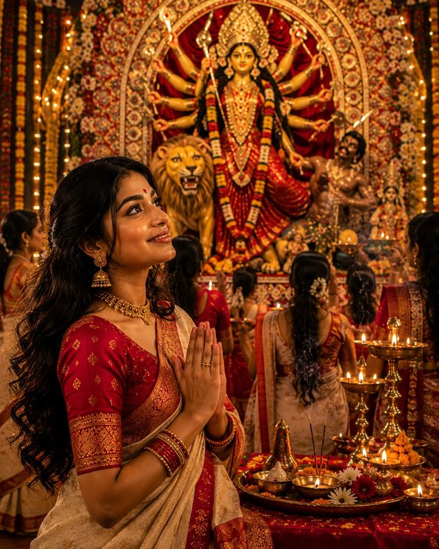 Divine Durga Puja Prayer Portrait | Traditional Indian Festival Photography — durga-puja AI prompt