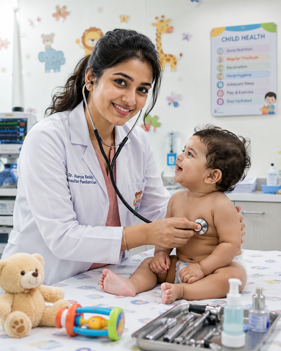 Compassionate Pediatrician Portrait | Child Specialist in Modern Children's Clinic