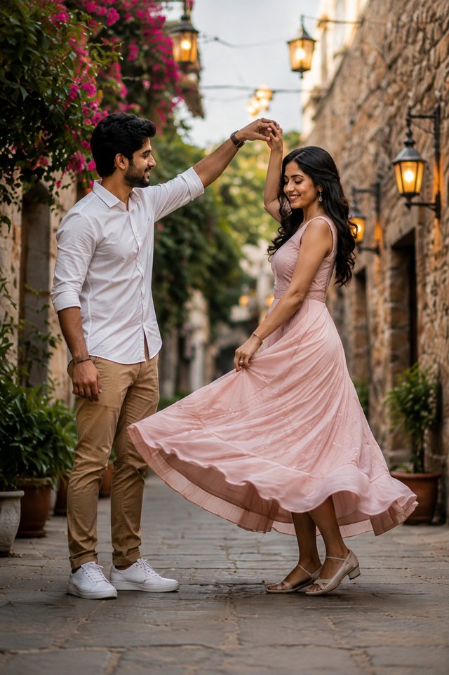 Romantic Twirl in the Old Town | Dreamy Pre-Wedding Couple Portrait — pre-wedding AI prompt