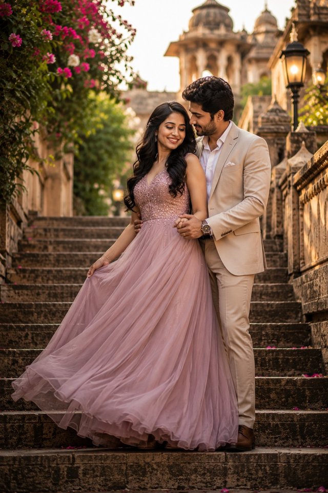 Royal Heritage Staircase Romance | Luxury Pre-Wedding Couple Portrait — pre-wedding AI prompt