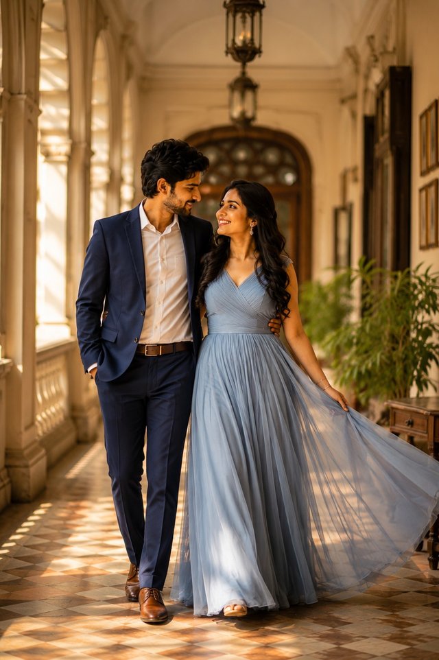 Elegant Hallway Walk | Luxury Indoor Pre-Wedding Couple Portrait — pre-wedding AI prompt