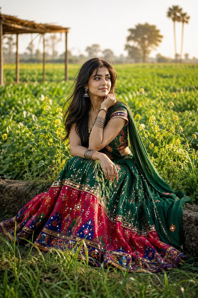 Village Beauty in Langa Voni | Traditional Telugu Girl in Green Fields — langa-voni AI prompt