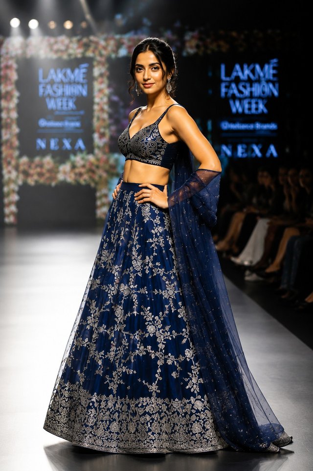 Navy Blue Royal Runway Look — fashionshow AI prompt