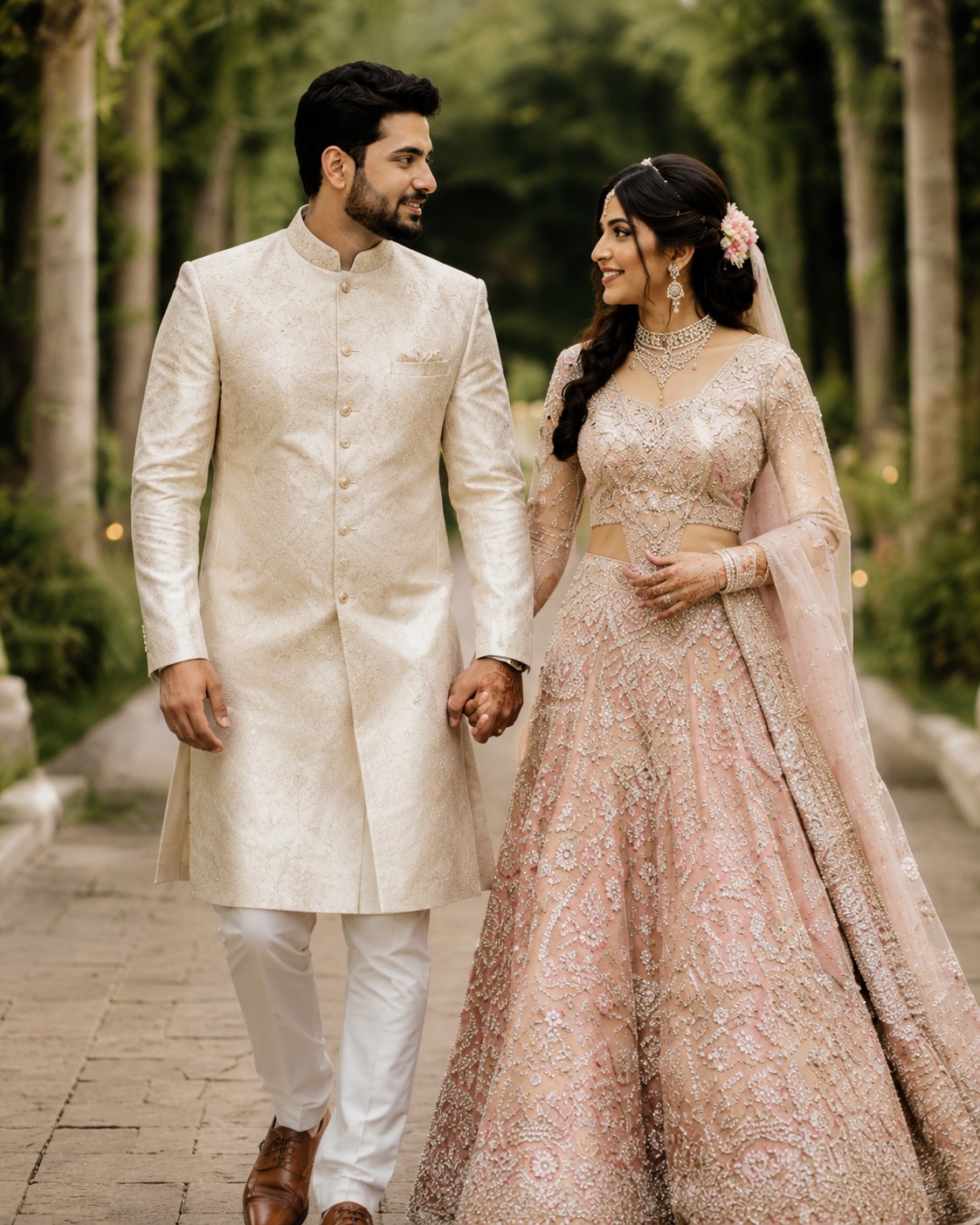 Romantic Wedding Couple Walking Together