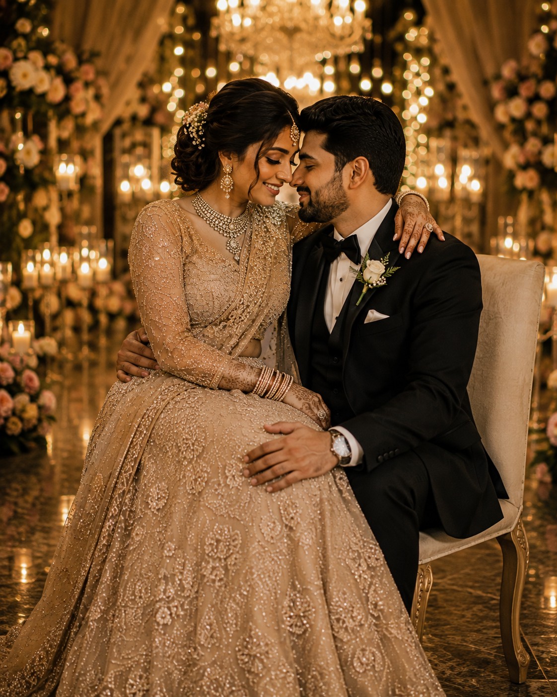 Intimate Seated Wedding Couple – Romantic Portrait