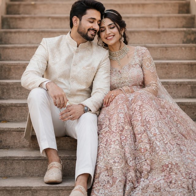 Category: Wedding / Couples Subcategory: Romantic Poses Pose: Lift and Smile Style: Photorealistic, cinematic, luxury Setting: Outdoor garden wedding Bride Outfit: Blush-pink embroidered lehenga Groom Outfit: Ivory embroidered sherwani Lighting: Warm golden-hour sunlight Mood: Joyful, romantic, playful Background: Floral arches, greenery, candles, flower petals Composition: Full-body portrait Lens: 85mm — create-a-cinematic AI prompt