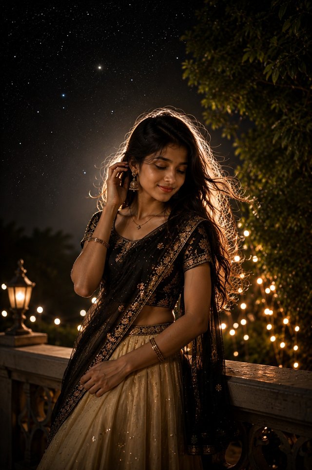 Black & Gold Half Saree Night Portrait | Cinematic AI — half-saree AI prompt